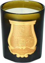 Cire Trudon luxury scented candle glowing with lit cotton wick