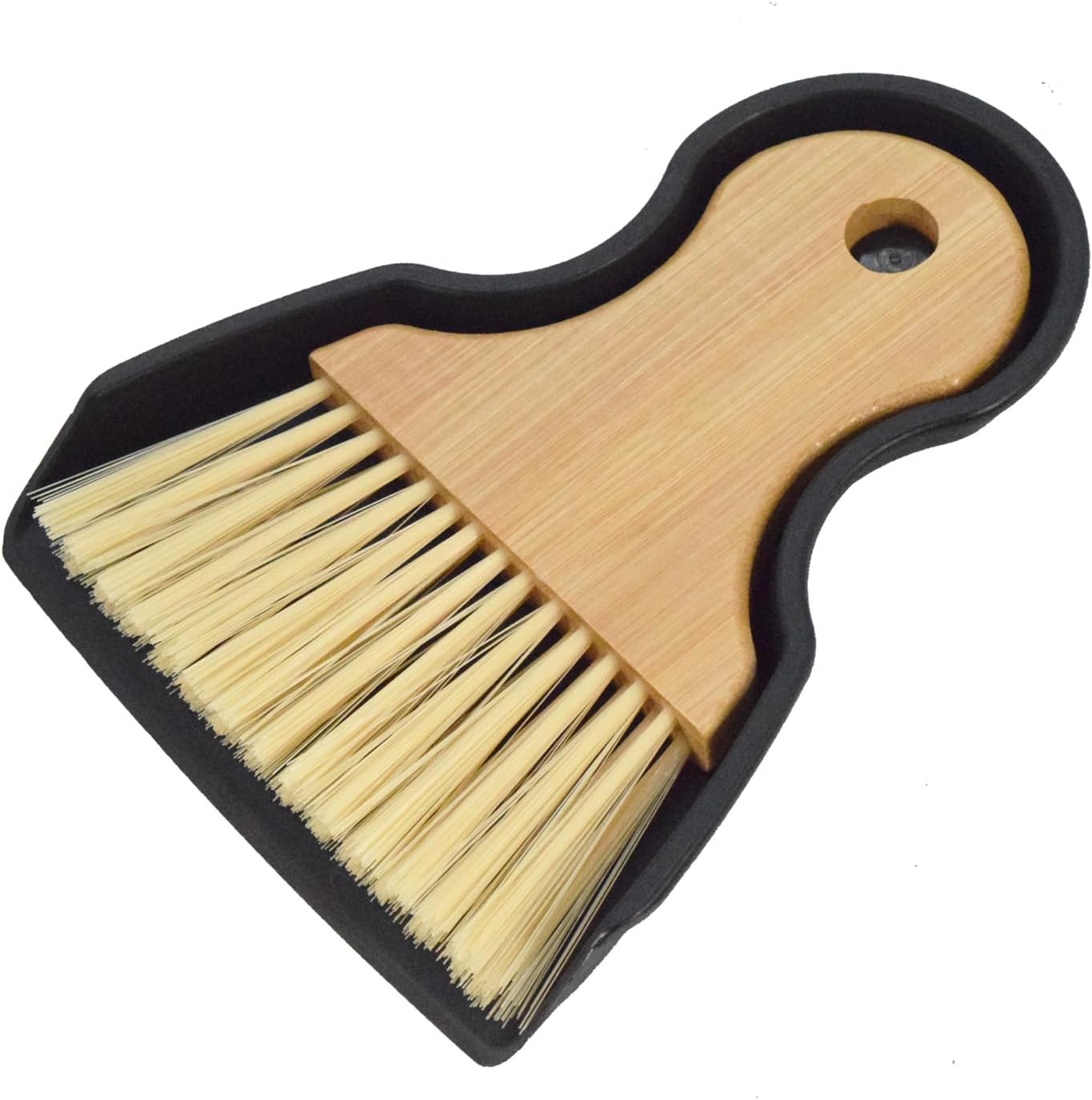 BSMstone mini broom and dustpan set front view featuring natural bamboo handle brush nested in black pan.