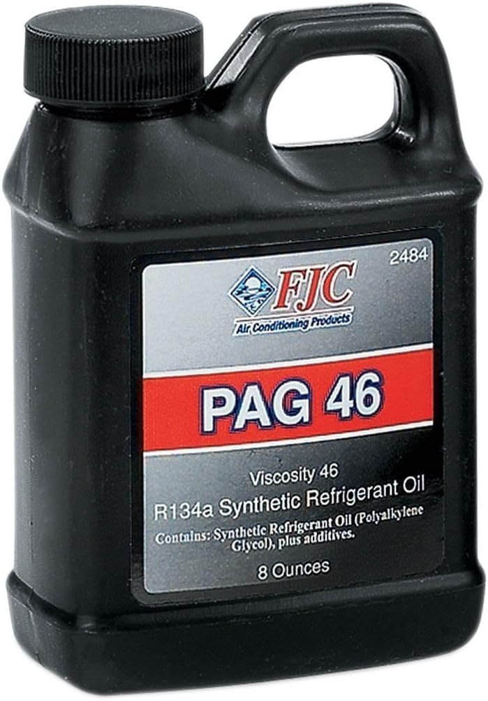 FJC 2484 Synthetic PAG 46 Refrigerant Oil 8 Ounce bottle front view showing automotive lubricant labeling.