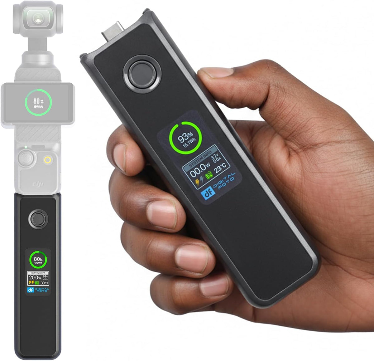 Difesuro Osmo Pocket 3 battery handle front view showing full color LCD display screen