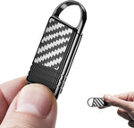 Xelarvex digital voice recorder front view showcasing sleek carbon fiber pattern design and integrated keychain hook