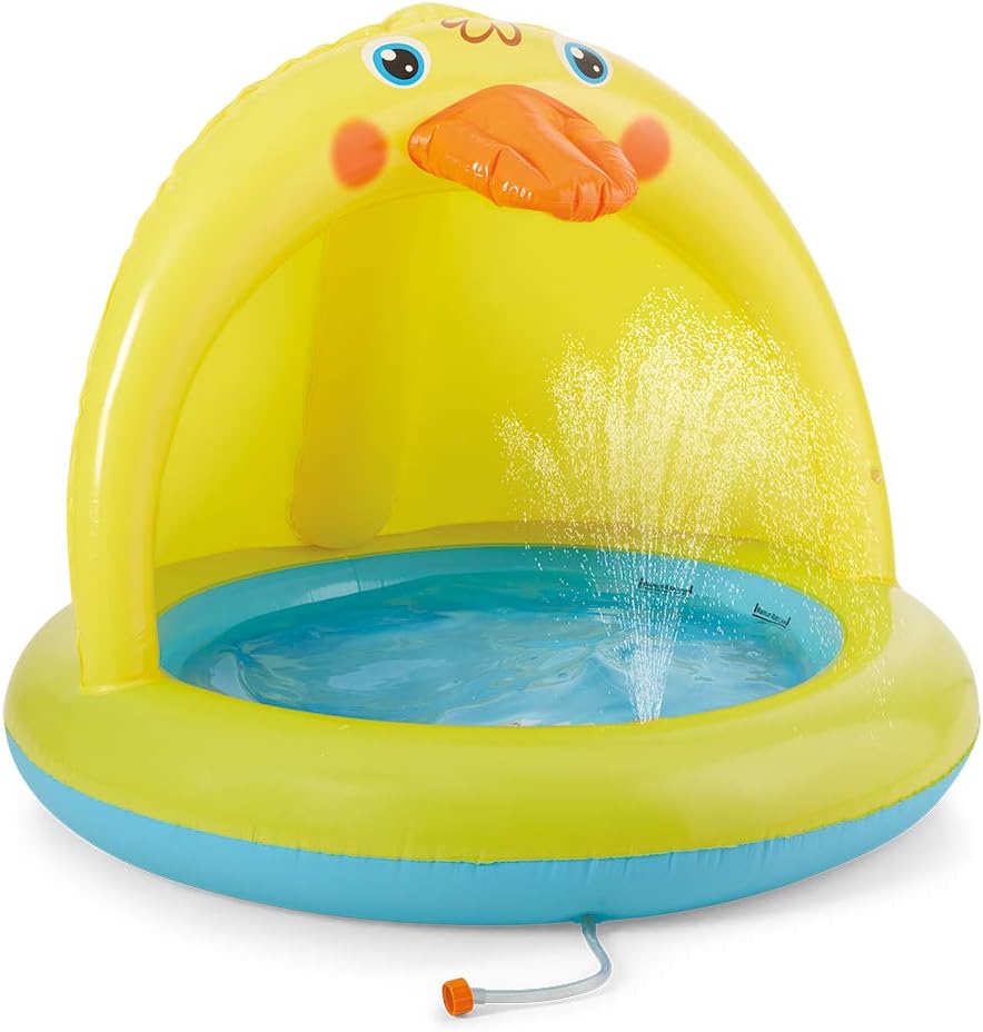 XFlated Shade Baby Pool front view of yellow inflatable duck pool with built-in canopy