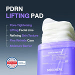 Mediheal PDRN Lifting Toner Pads packaging close up illustrating the stretchable fabric texture for glass skin treatment.