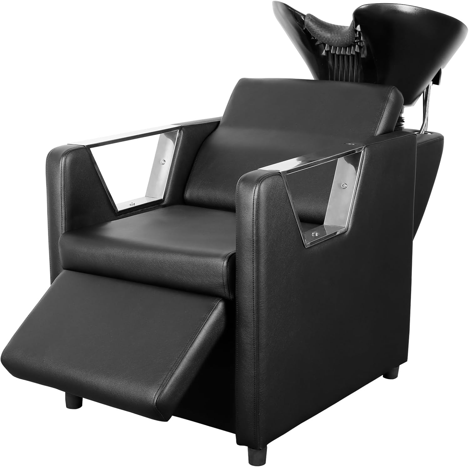 Polar Aurora backwash chair front view showing the black adjustable ABS plastic shampoo bowl and integrated leg support.