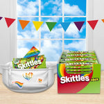Skittles Sour chewy candy pack held up demonstrating its convenient full size.