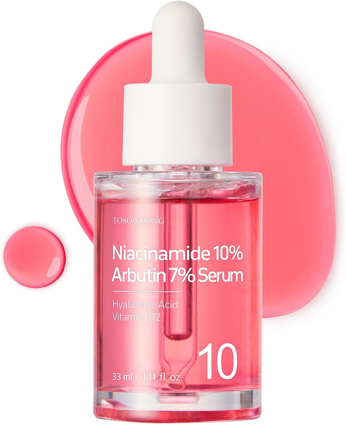 Close-up of the TOSOWOONG Niacinamide 10 and Arbutin 7 Serum bottle highlighting its brightening skincare benefits.