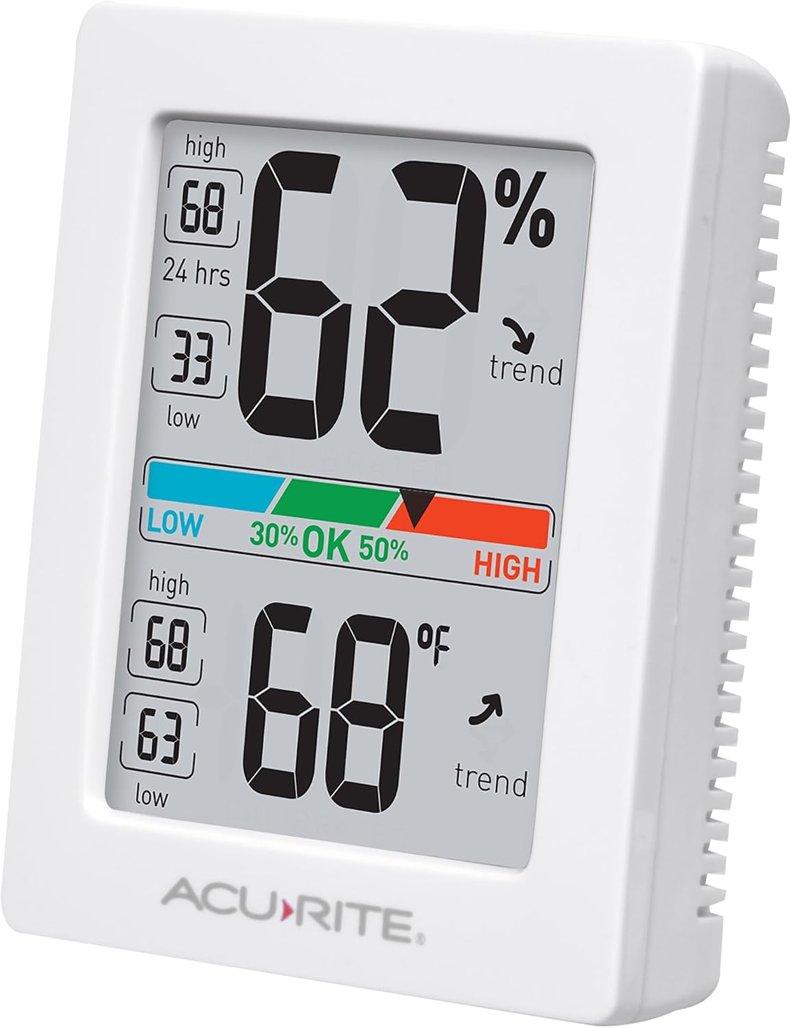 AcuRite hygrometer angled view highlighting compact white casing design