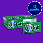 Side angle view of the imported USA Orbit Spearmint bulk box displaying nutritional facts.
