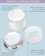 Bliss 4 piece white travel bottle set arranged neatly for holiday packing visualization.