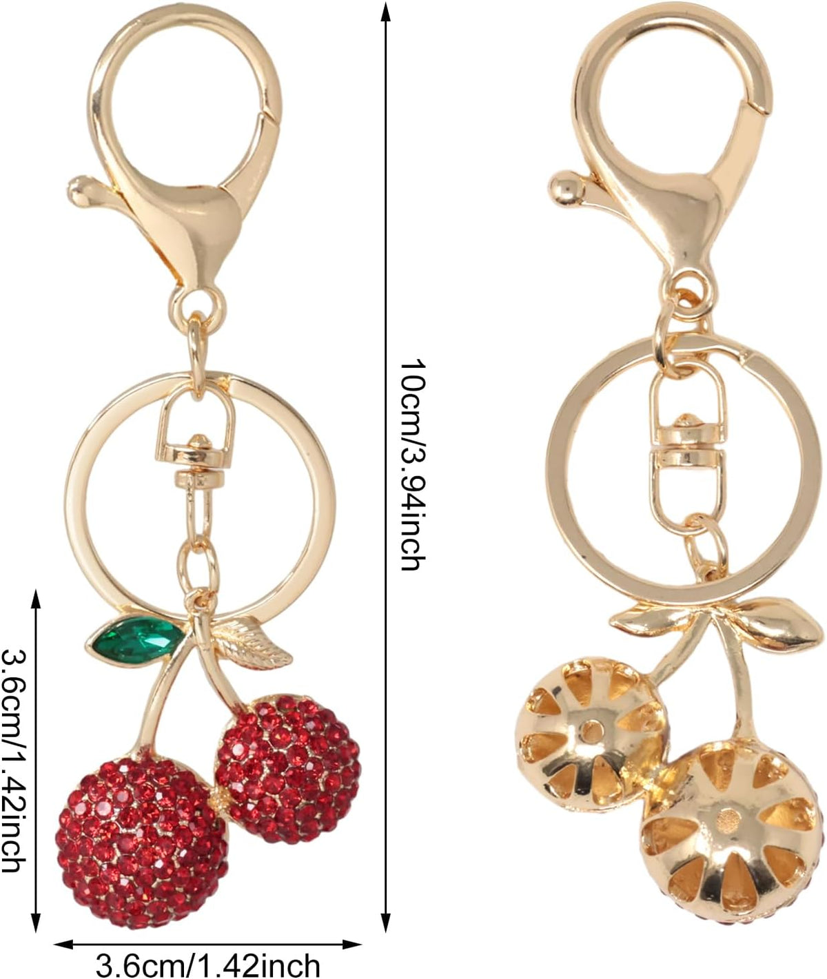 Honbay cherry keychain angled view showing red crystal rhinestones