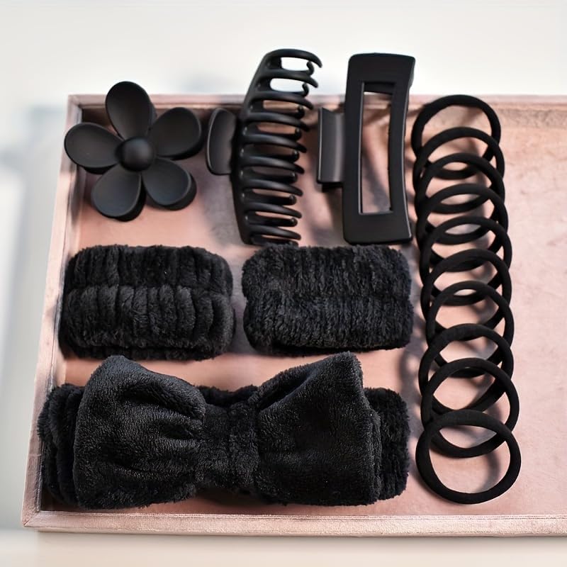 16-piece black plush toiletry and hair styling gift set front view
