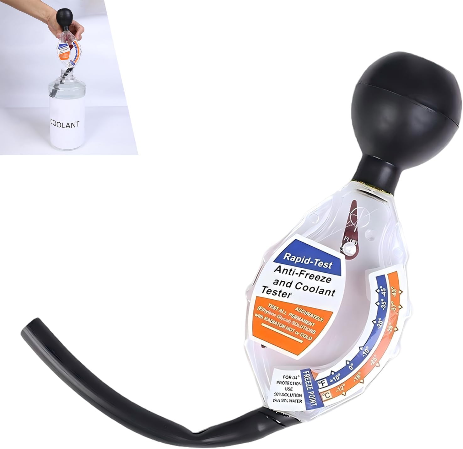 Zosgrew car antifreeze tester front view showing the clear dial scale and black silicone squeeze bulb