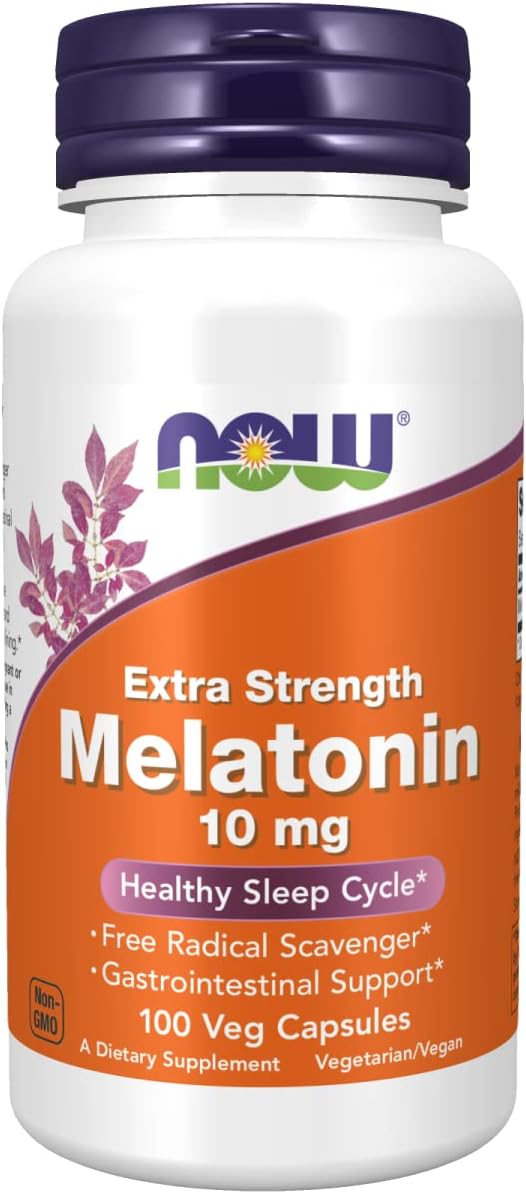 Now Foods Melatonin Extra Strength 10mg 100 Veg Capsules front view supplement bottle
