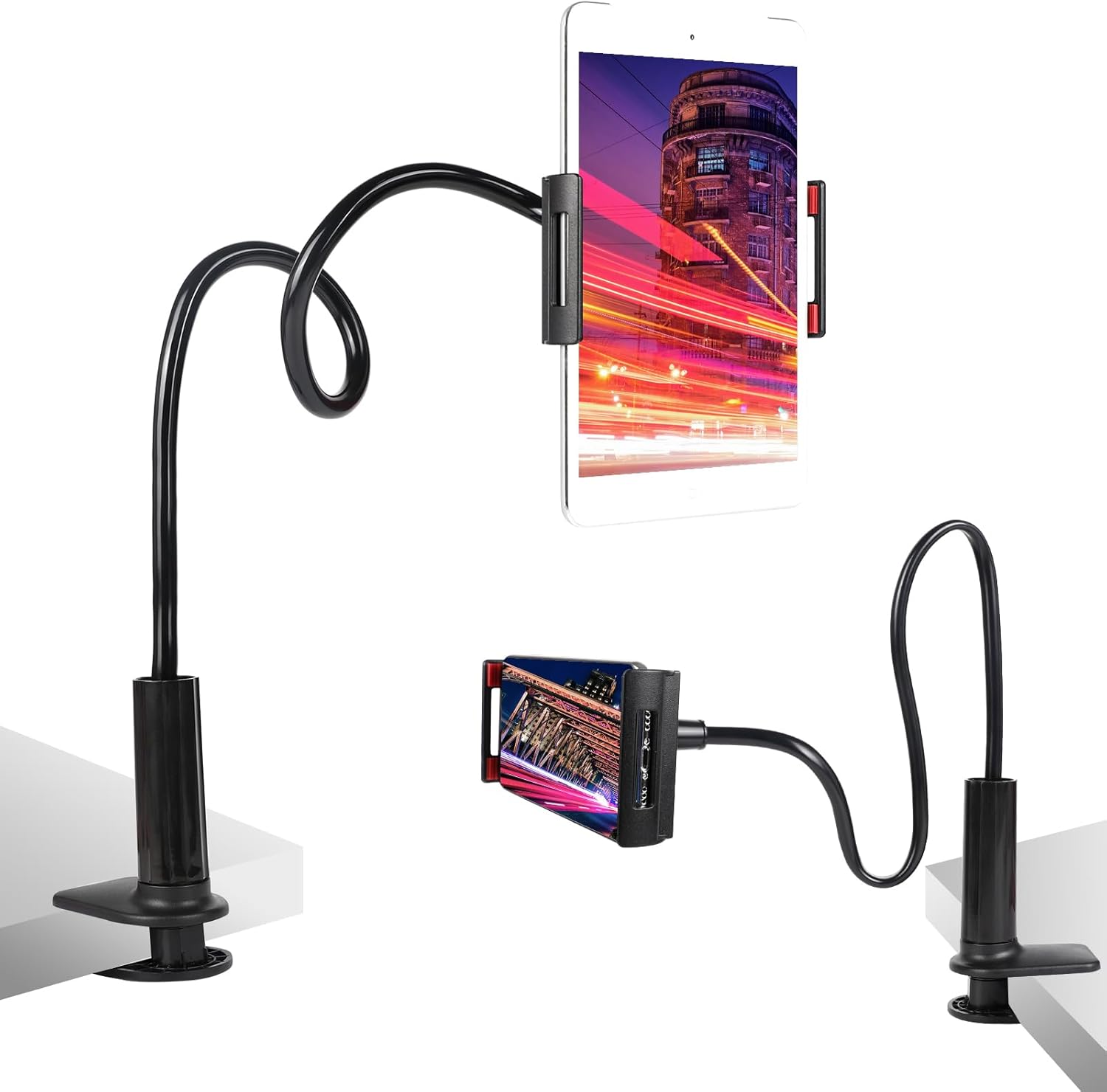 Selfdee tablet stand holder for bed front view featuring the black flexible gooseneck long arm mount clamp