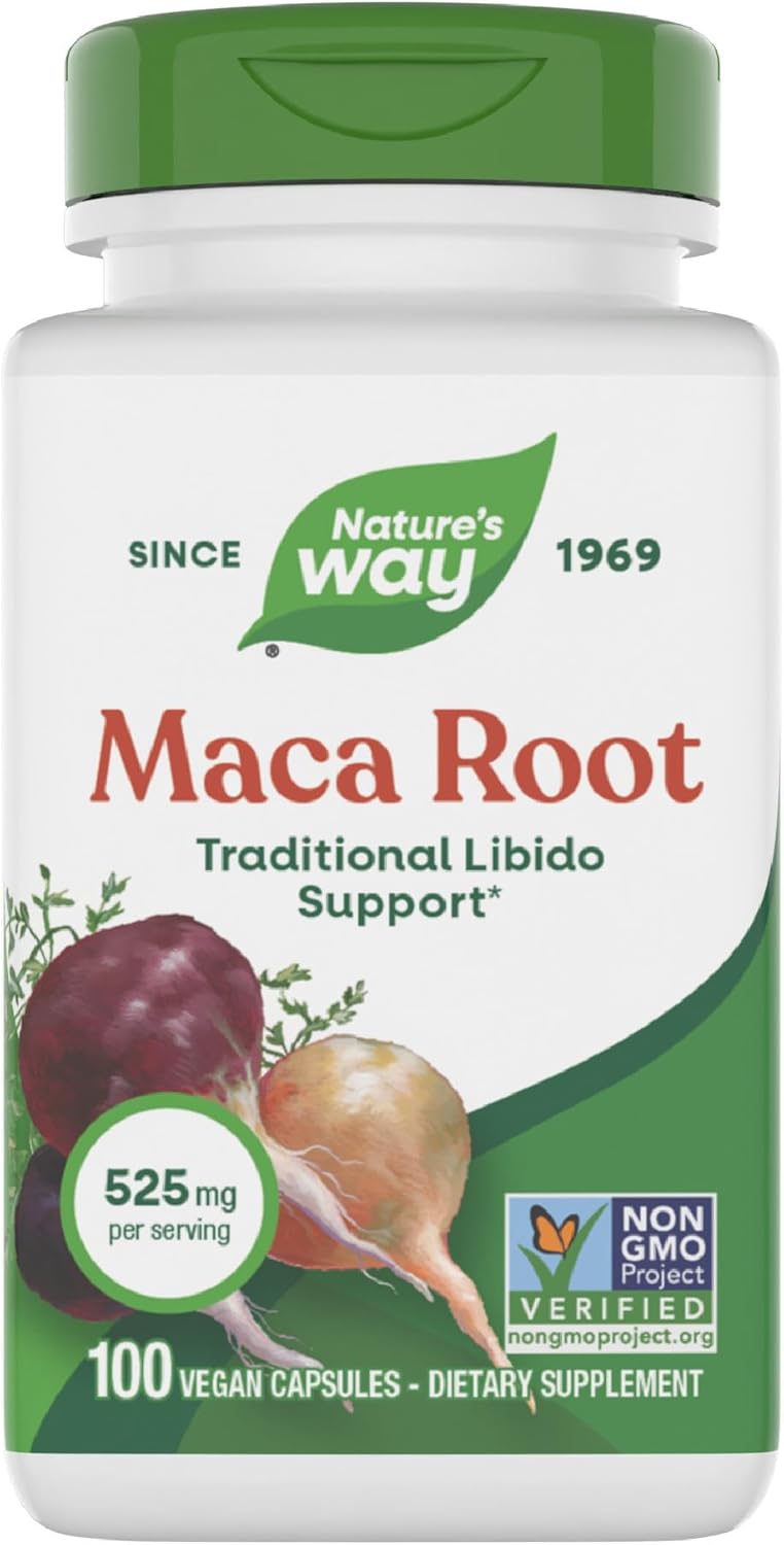 Nature's Way Maca Root 100 Veg Capsules front view bottle for natural energy support