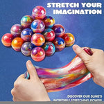 JOYIN cosmic galaxy slime being pulled apart to demonstrate maximum stretchiness and flexibility.