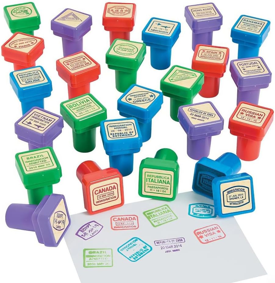 Fun Express Passport Stampers 24 Pieces front view showing assorted country stamp designs.