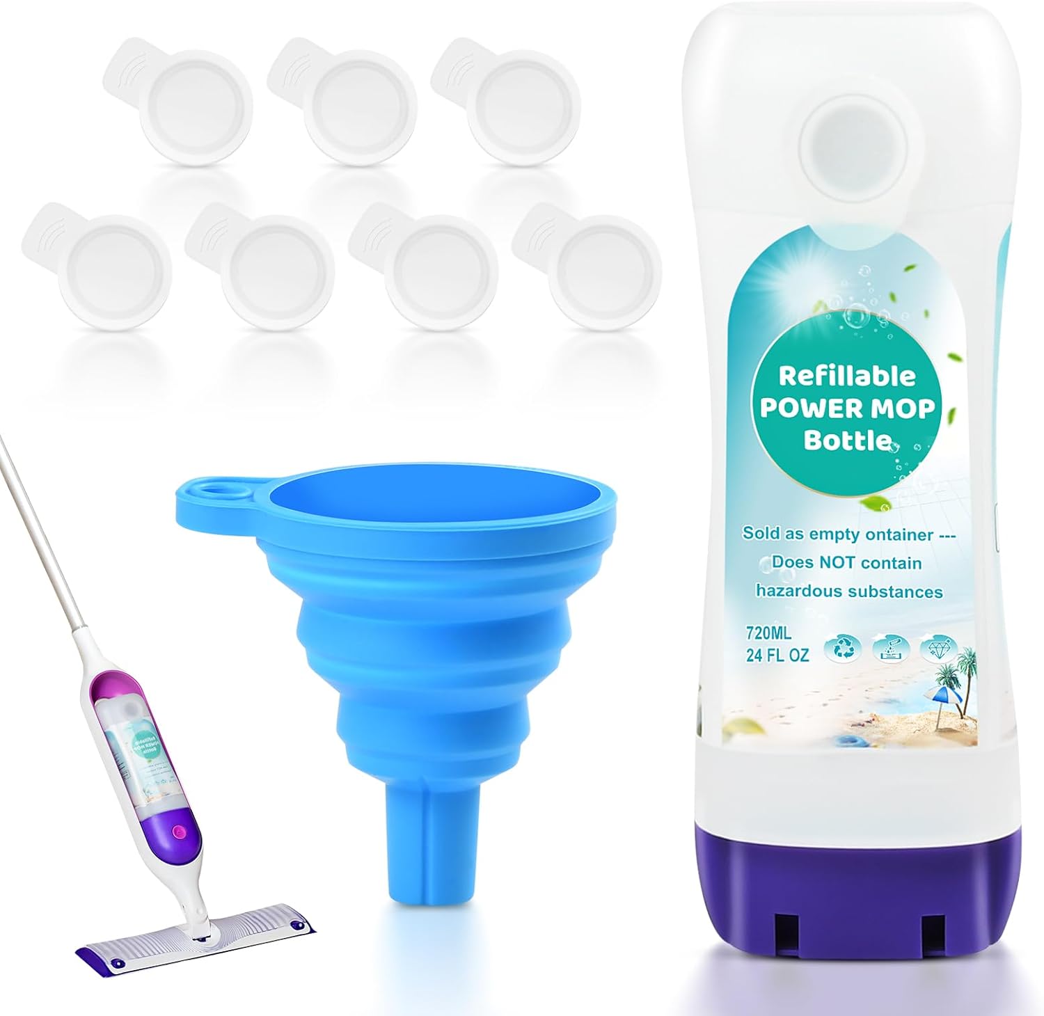 DrFlito Refillable Bottle for Swiffer Power Mop front view with funnel.