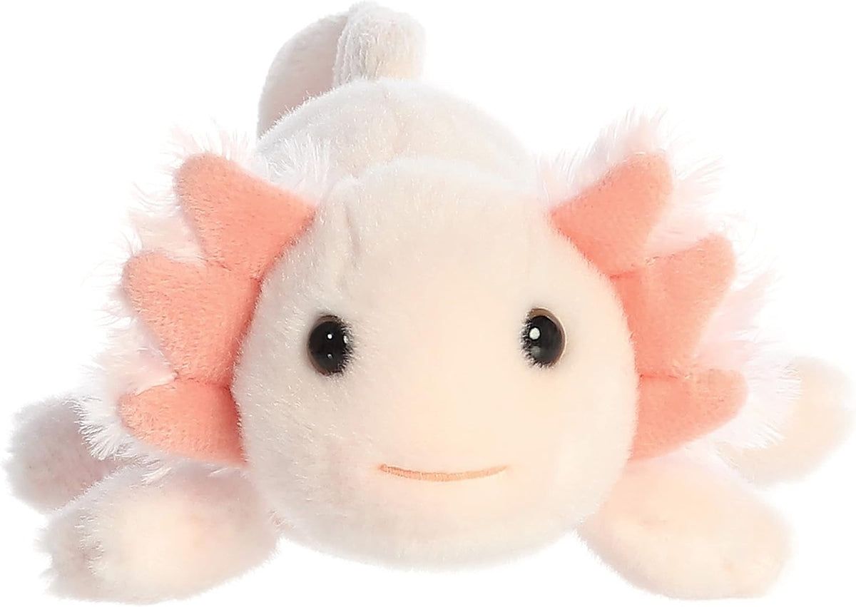 Aurora pink axolotl soft toy side angle showing fluffy body and gills