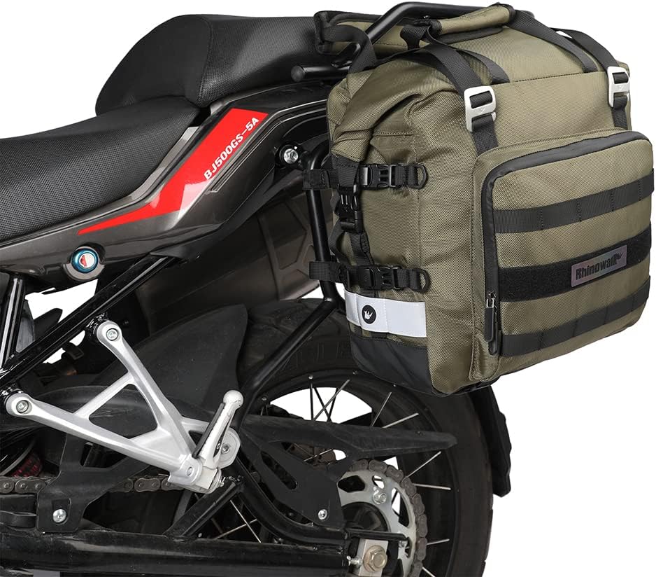Rhinowalk motorcycle waterproof saddlebag green front view mounted on adventure bike side rack
