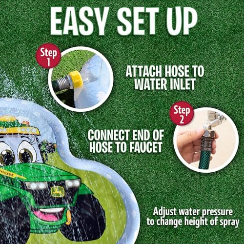 Close up view of the water inlet valve on the extra large toddler water mat connected to a green garden hose.
