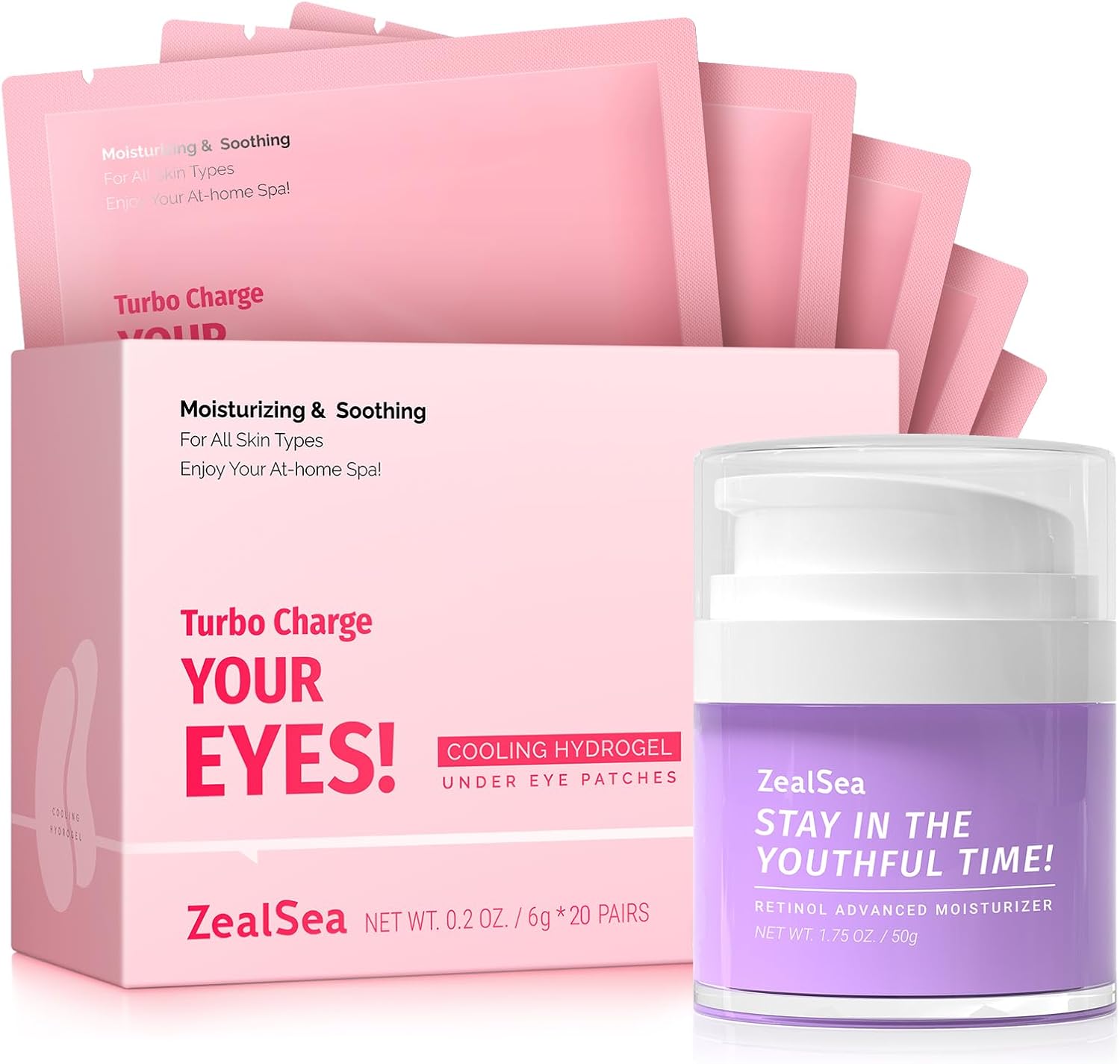 ZealSea Eye Patches and Retinol Cream Bundle front view showcasing the under-eye gel patches packaging and the anti-aging facial moisturizer jar.