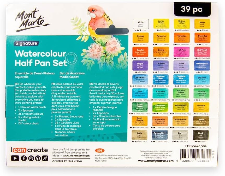 Mont Marte portable art kit close up of half pan paint cakes