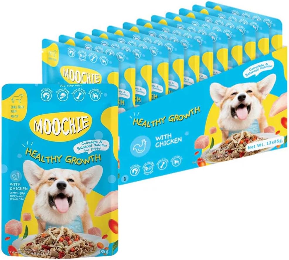 PETS EMPIRE Moochie Wet Dog Food (85g X 12) Grain Free Gavy Meal, Healthy Growth with Chicken, Carrot, Goji Berries and Brown Rice, High Protein Dogs Gravy Foods, Non-Veg Pet Meals for Dogs, Puppy - Image 1