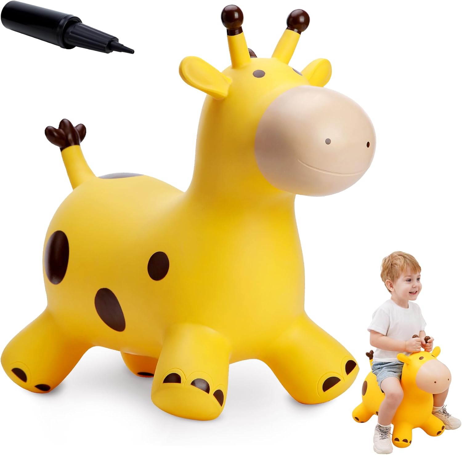 EVERICH TOY Giraffe Bouncy Horse Hopper front view of yellow inflatable ride-on toy