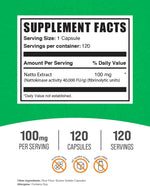 BulkSupplements Nattokinase 100mg supplement supplement facts label showing serving size details