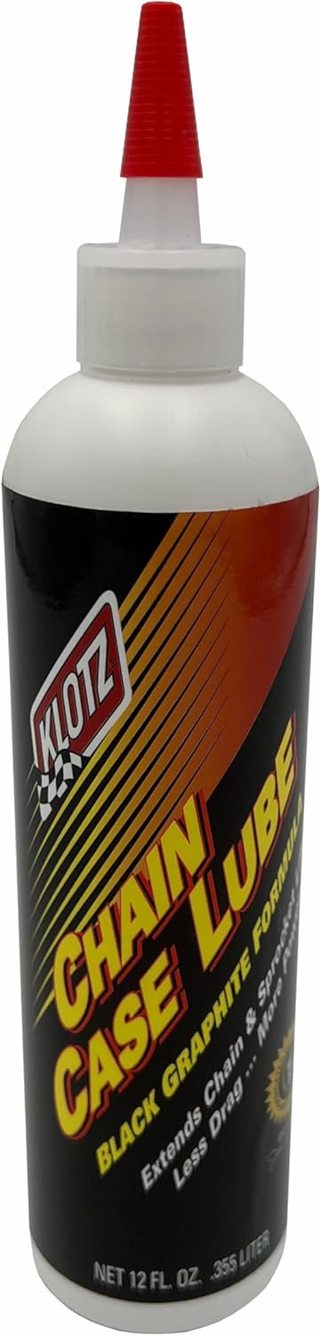 Klotz Chain Case Lube front view of twelve ounce synthetic lubricant bottle for powersports maintenance.