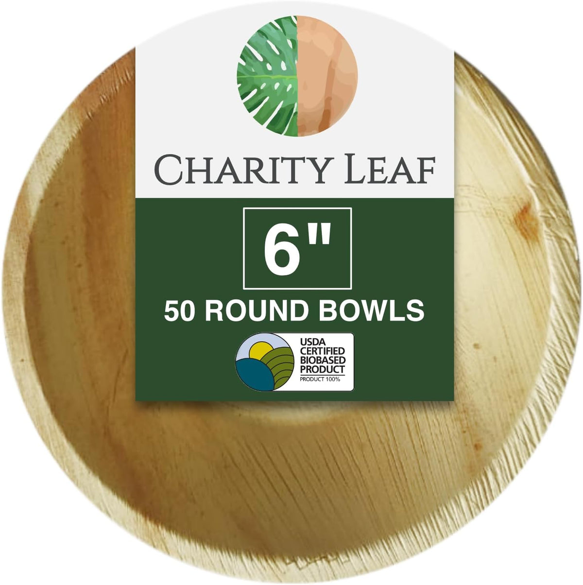Charity Leaf Disposable Palm Leaf 6 Inch Round Bowl front view for eco-friendly party catering.
