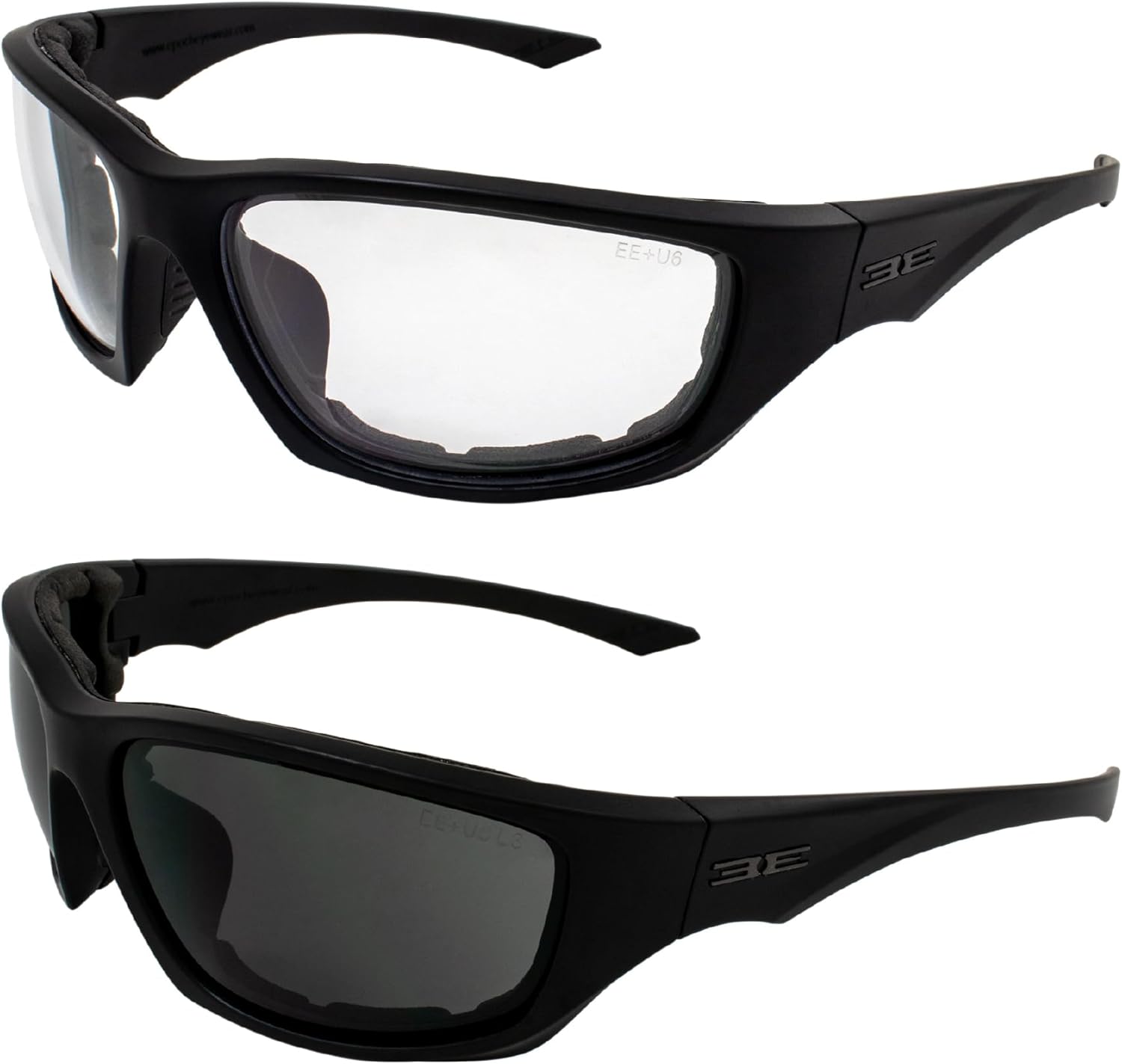 Epoch Eyewear Foam Three padded motorcycle sunglasses front view of black frames with smoke and clear lenses