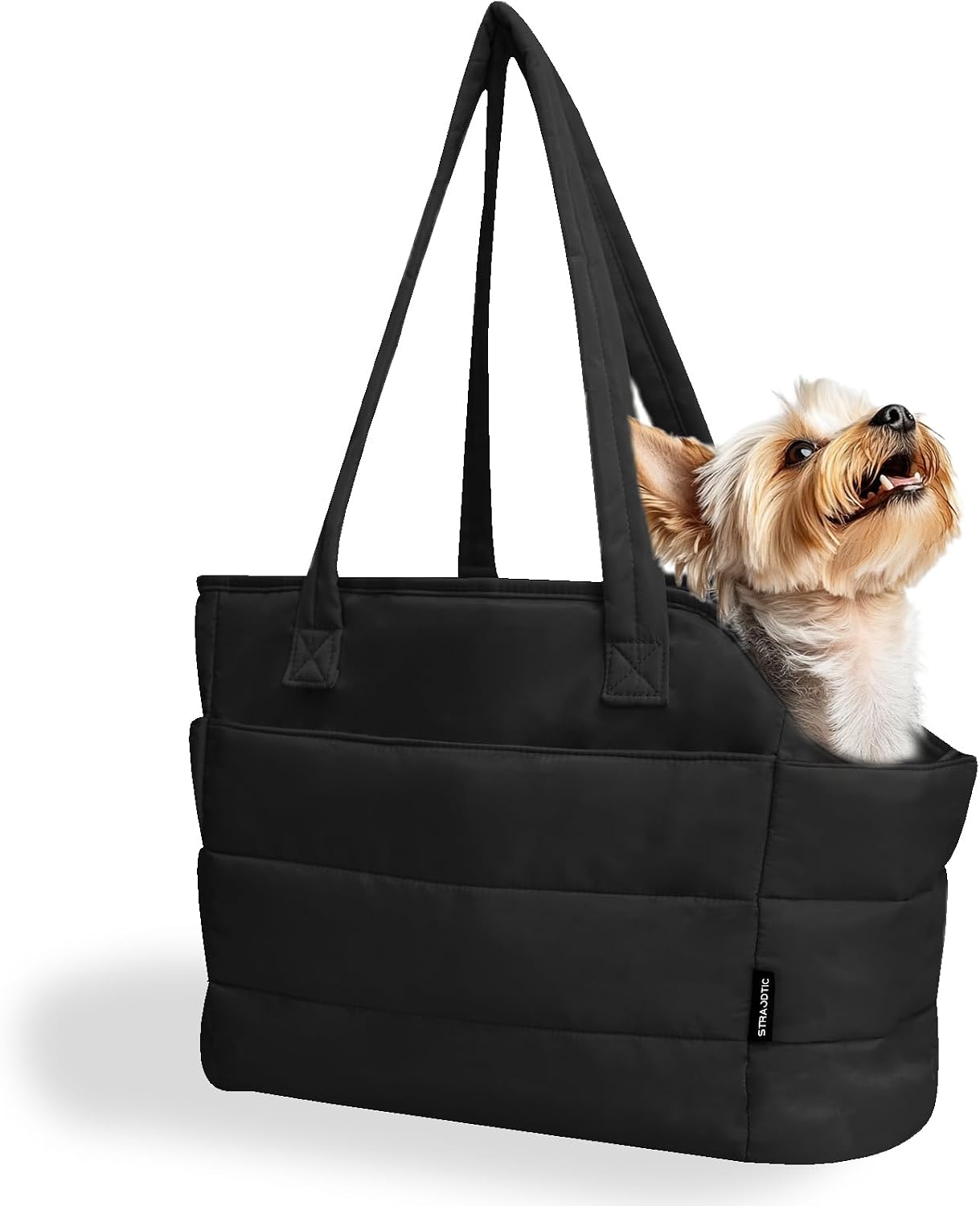 Straodtic lightweight puffy quilted dog purse carrier black front view