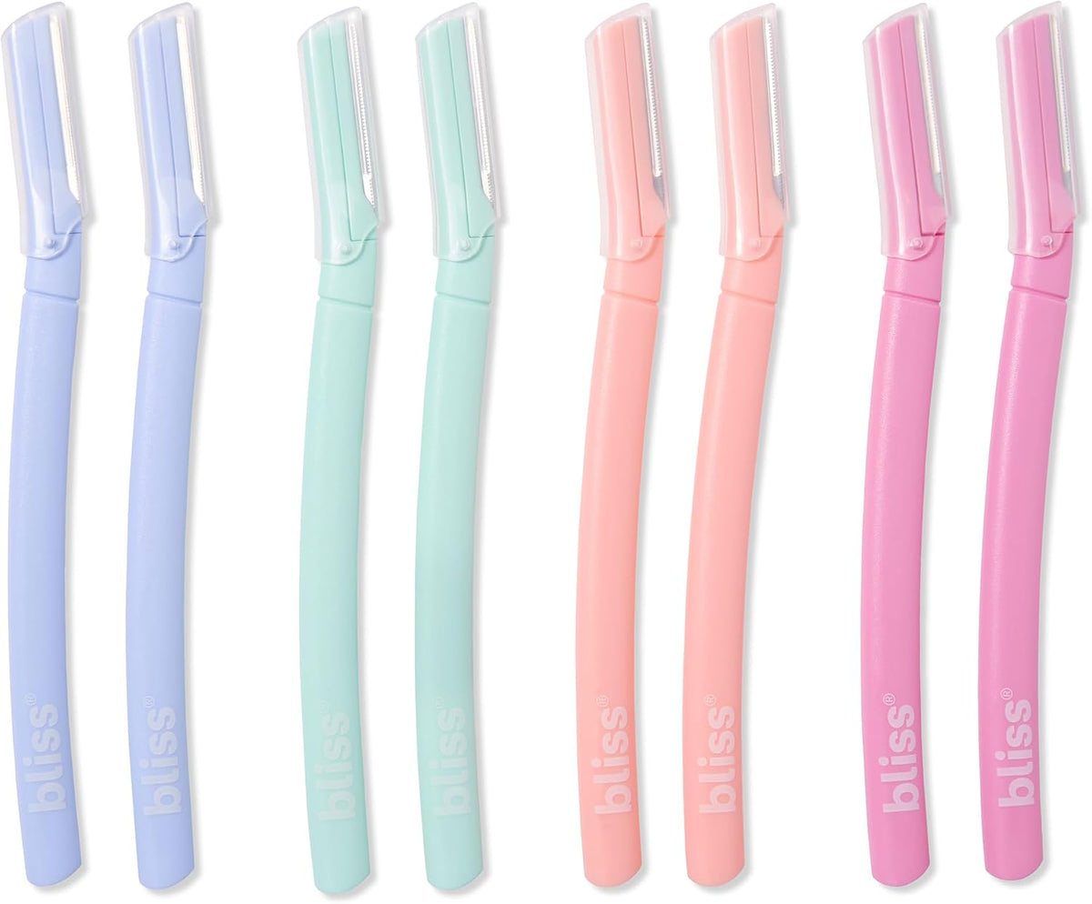 Bliss Stainless Steel Disposable Dermaplaning Tools 8 pack front view showing pastel colored facial razors