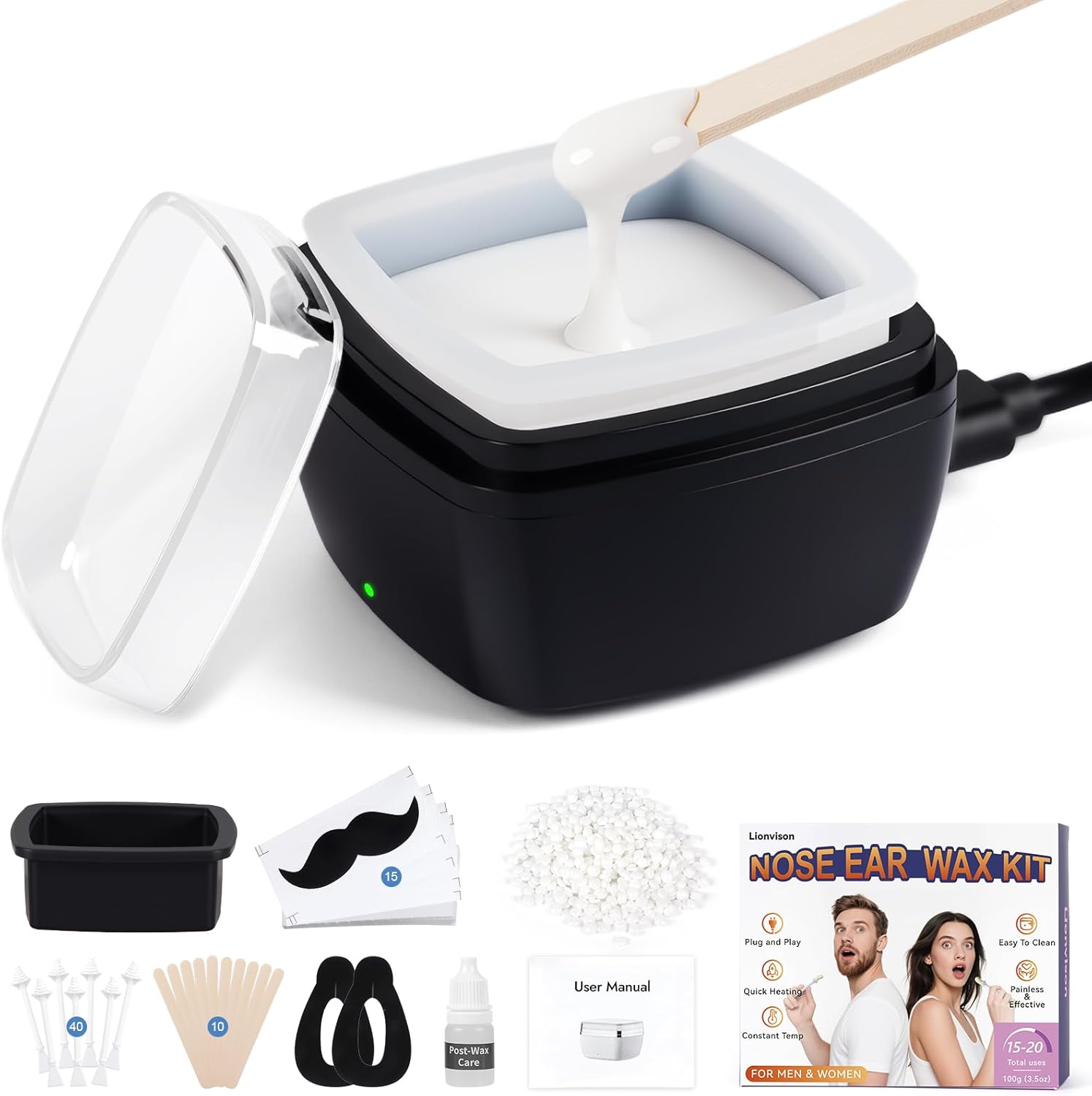 LIONVISON Men's Nose Wax Removal Kit front view showing black portable machine and wax accessories.