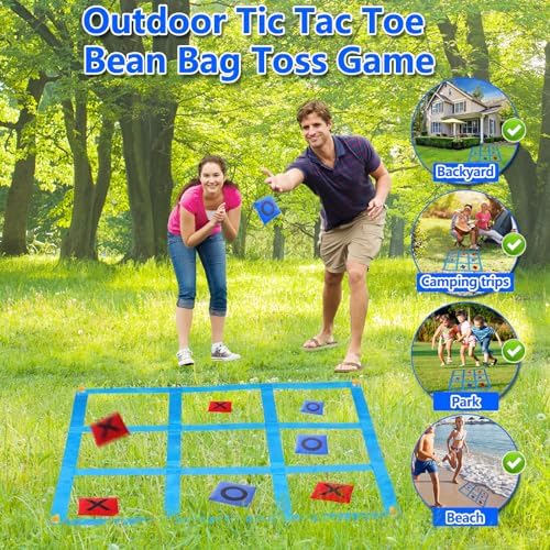 Close up of blue O and red X bean bags for outdoor lawn game.