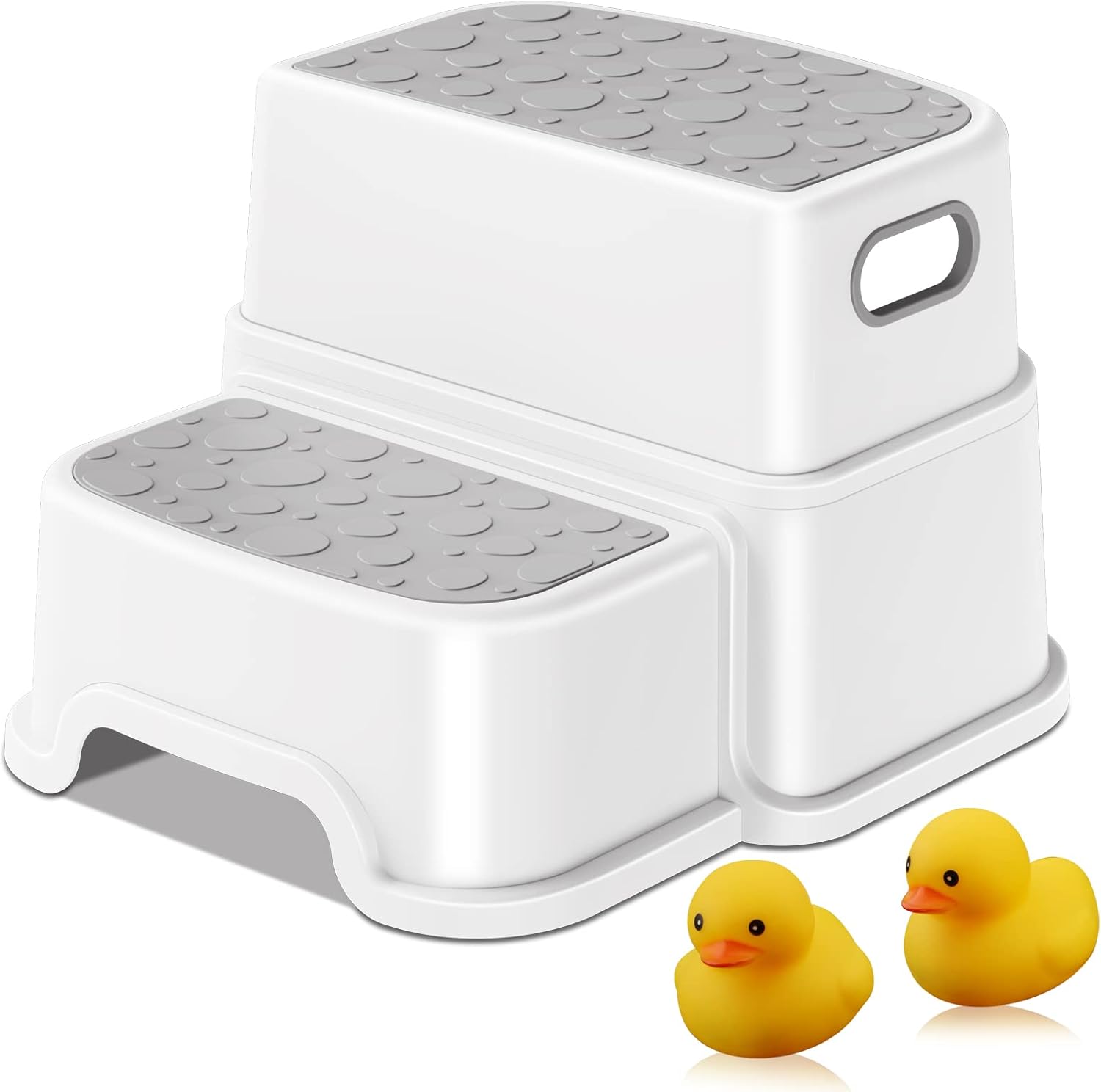 AJVV toddler step stool front view of white and gray two step design for kids bathroom safety.