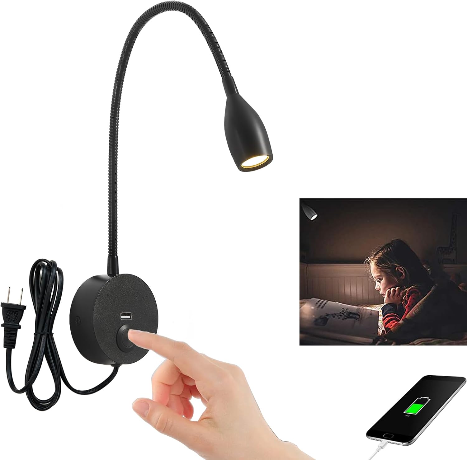 Crisetek LED wall reading light with flexible gooseneck and USB port front view