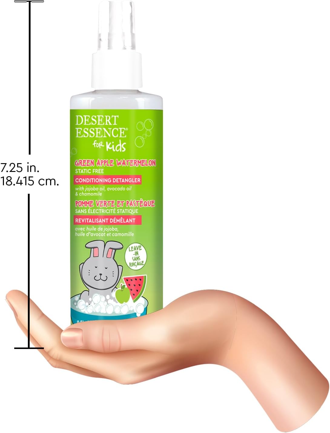 Desert Essence Kids Conditioning Detangler Spray bottle next to botanical ingredients