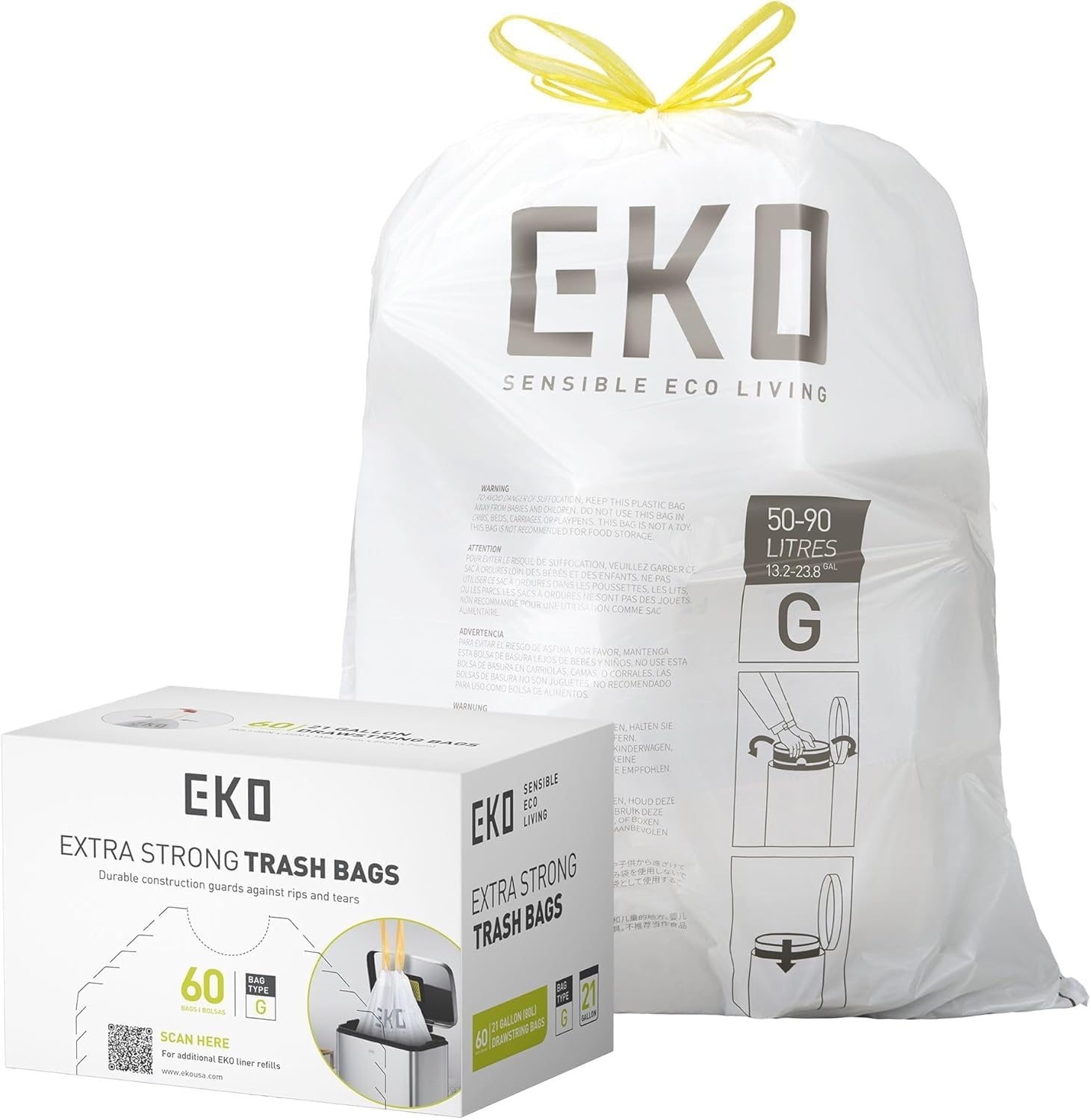 EKO Code G Drawstring Trash Bags front view of sixty count easy dispense roll box