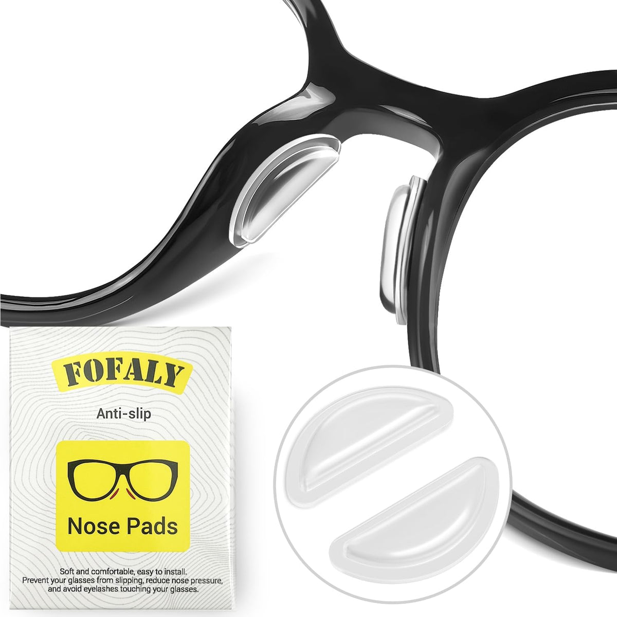 FOFALY anti slip silicone eyeglass nose pads front view showing five clear pairs packaging