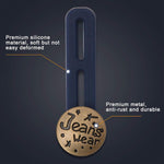 Close up of metal alloy button top and elastic slot