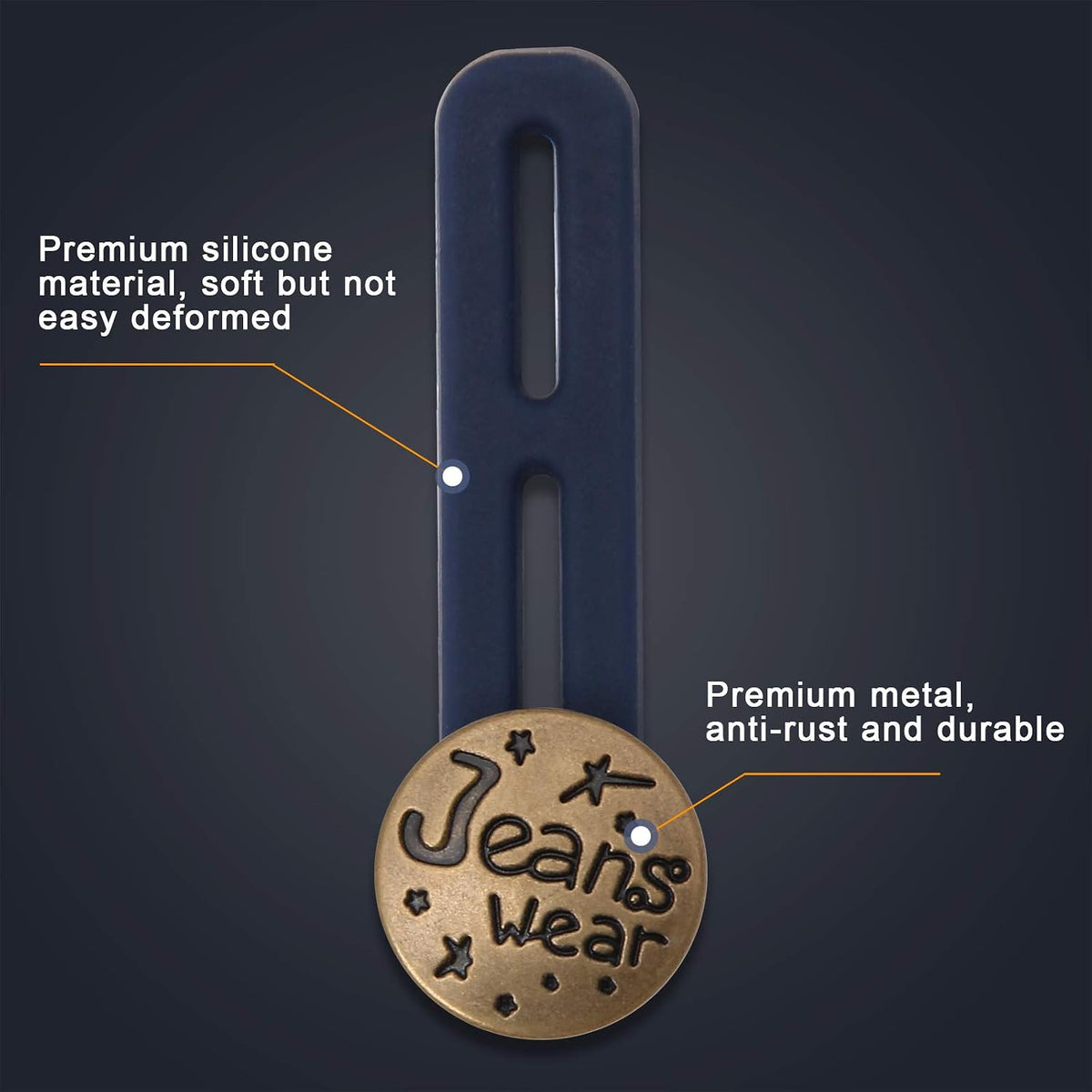 Close up of metal alloy button top and elastic slot