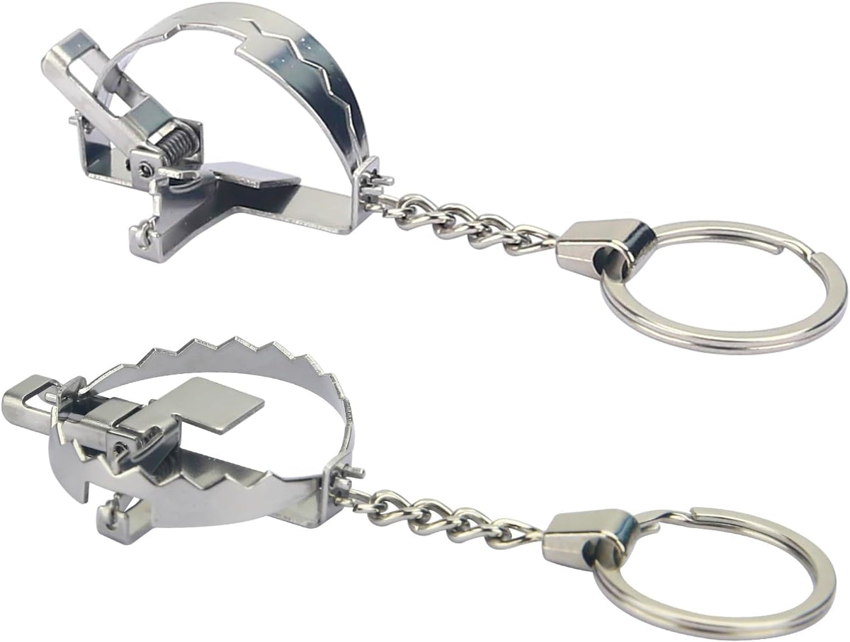 TIQAOTE Mini Bear Trap Keychain front view showing metal finish
