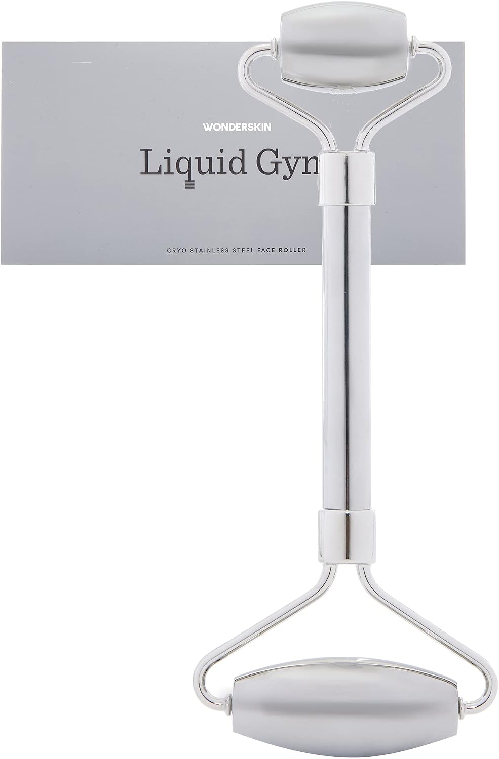 Wonderskin Liquid Gym Facial Roller front view highlighting the dual ended stainless steel design.