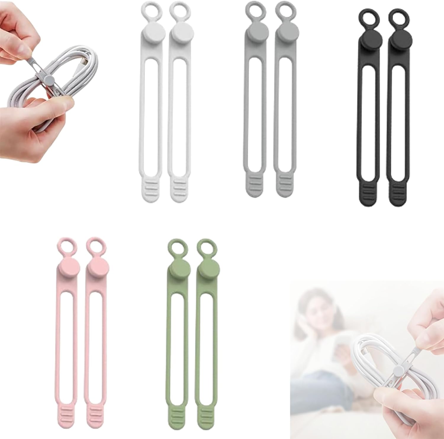 PUSKIU silicone data cable organizer front view showing multicolor 10 piece set.