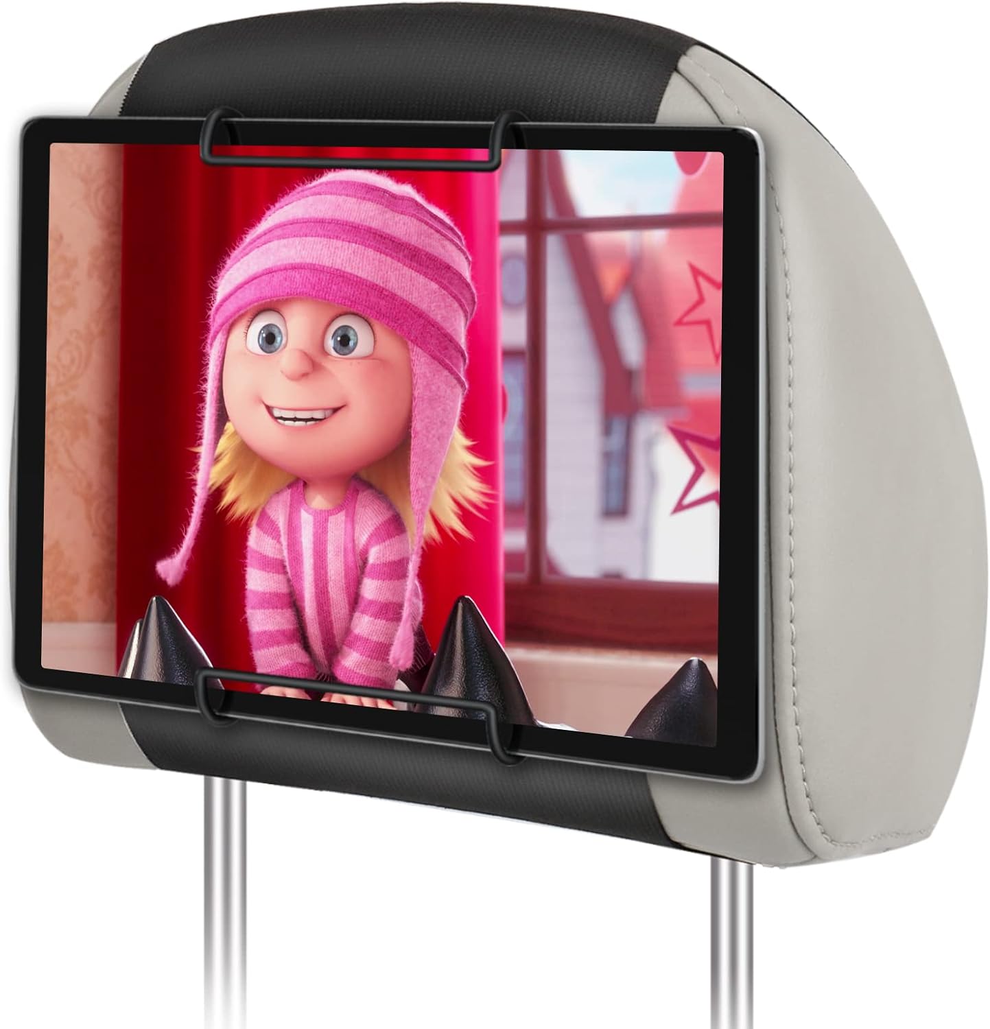 WONNIE car headrest tablet mount holder front view showing premium nylon strap and anti slip clamps