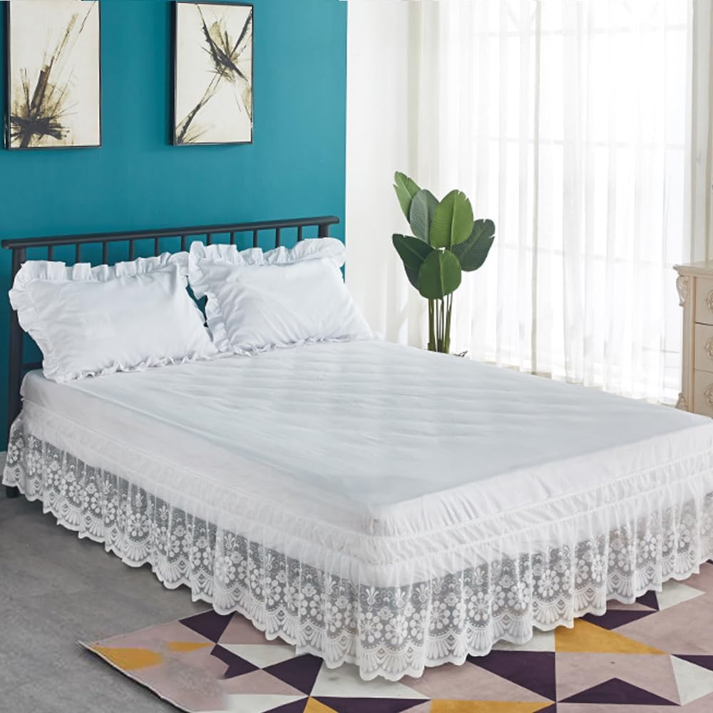 YingXue white lace queen bed skirt full view