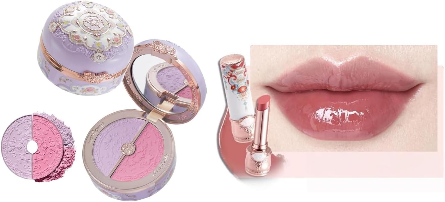 Flower Knows Butterfly Cloud Collar Rouge Box Highlighting & Blush Duo Powder and Glossy Lipstick Set,Tone Matte for Cheeks Bulidable,Soft Tinted Lip Gloss Balm(04 Fluttering Romance+C07 Red Bean) - Image 1